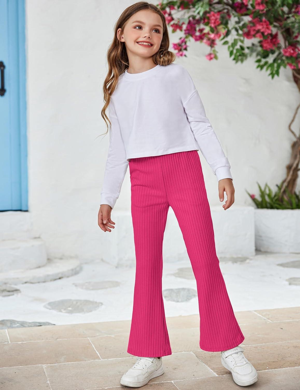 imageArshiner Girls Print Flare Leggings Kids Elastic High Waisted Bell Bottoms Yoga Pants with PocketsRose Red