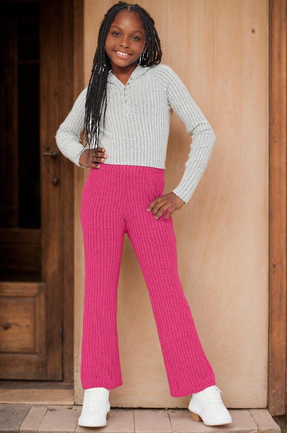 imageArshiner Girls Print Flare Leggings Kids Elastic High Waisted Bell Bottoms Yoga Pants with PocketsRose Red