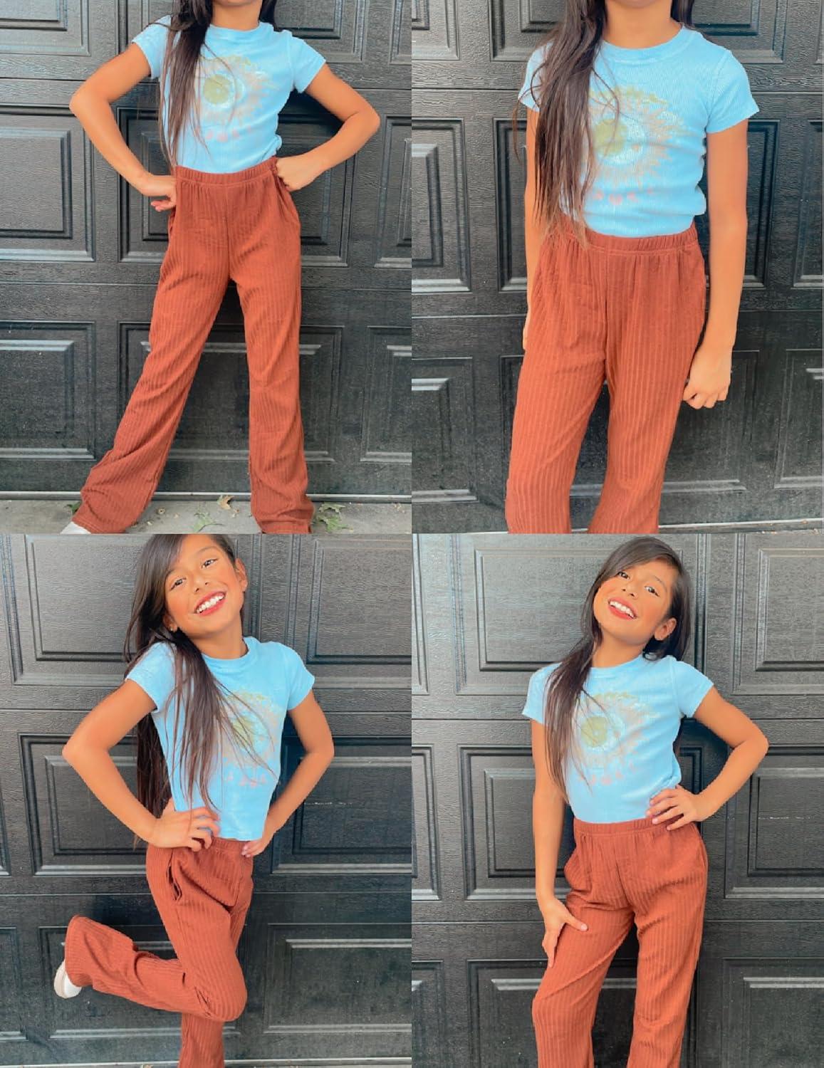 imageArshiner Girls Print Flare Leggings Kids Elastic High Waisted Bell Bottoms Yoga Pants with PocketsRust Brown