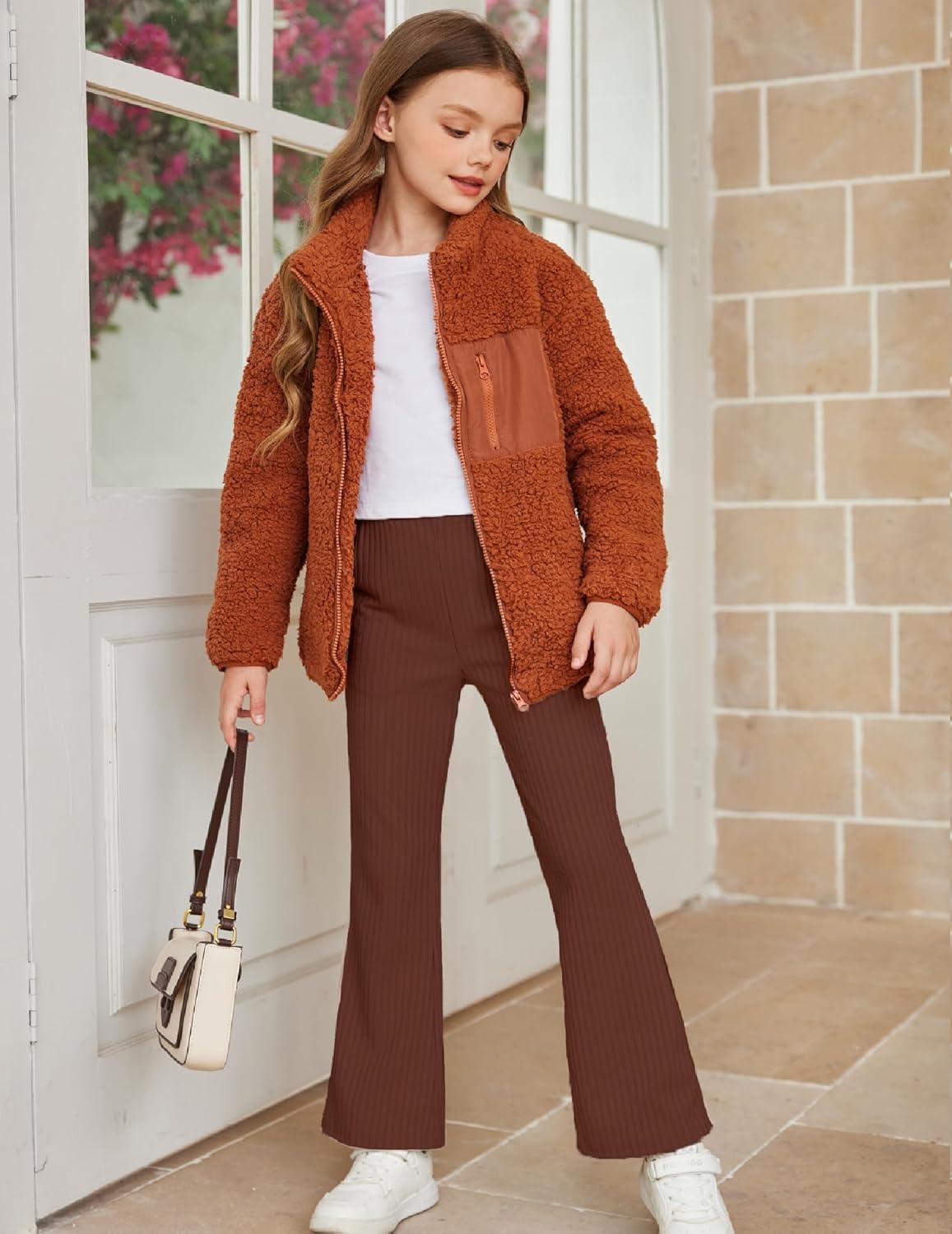 imageArshiner Girls Print Flare Leggings Kids Elastic High Waisted Bell Bottoms Yoga Pants with PocketsRust Brown