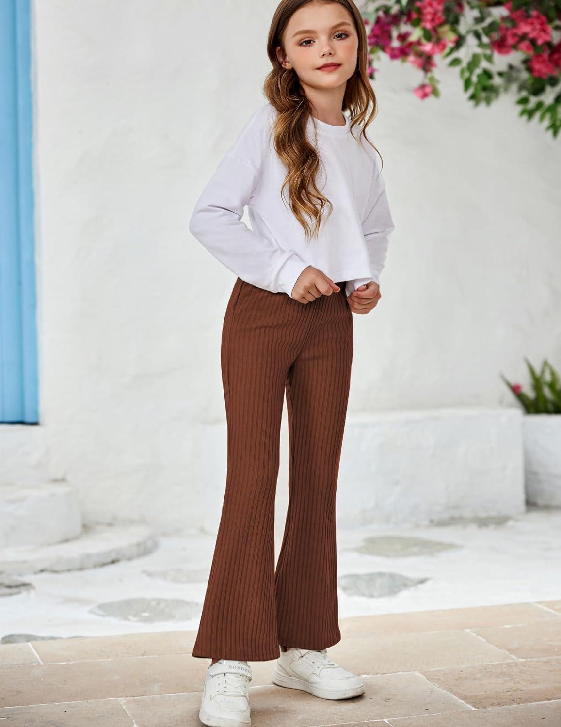 imageArshiner Girls Print Flare Leggings Kids Elastic High Waisted Bell Bottoms Yoga Pants with PocketsRust Brown