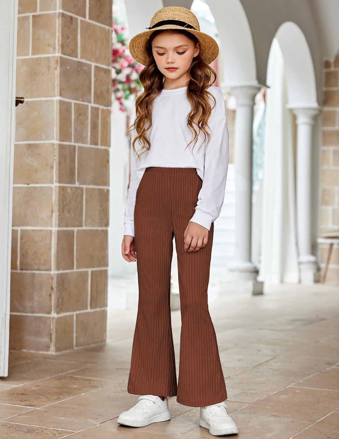 imageArshiner Girls Print Flare Leggings Kids Elastic High Waisted Bell Bottoms Yoga Pants with PocketsRust Brown
