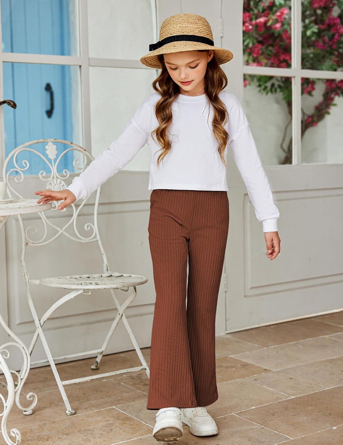 imageArshiner Girls Print Flare Leggings Kids Elastic High Waisted Bell Bottoms Yoga Pants with PocketsRust Brown