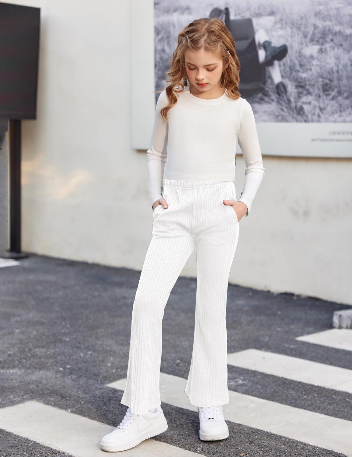 imageArshiner Girls Print Flare Leggings Kids Elastic High Waisted Bell Bottoms Yoga Pants with PocketsWhite