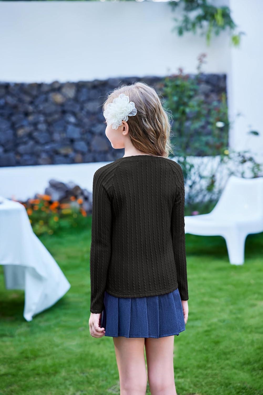 imageArshiner Girls Raglan Long Sleeves Shirts Textured Knit Tops for Girls Casual Soft Kids Loose Blouse TeeBlack