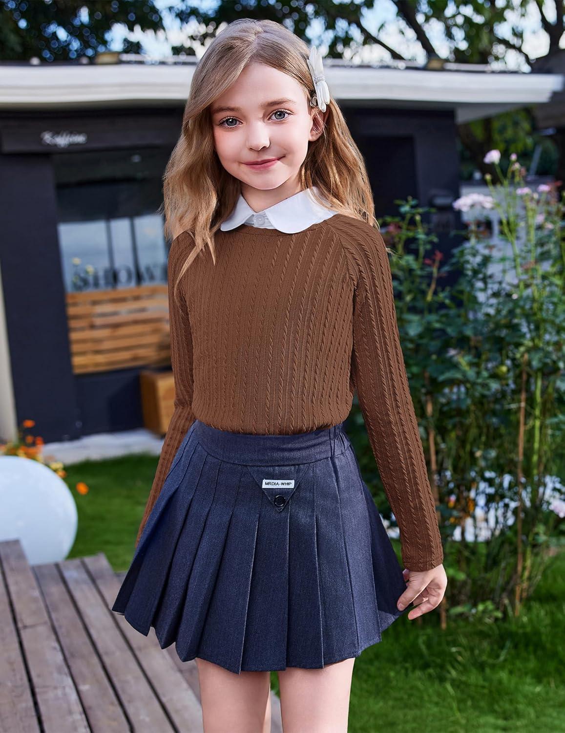 imageArshiner Girls Raglan Long Sleeves Shirts Textured Knit Tops for Girls Casual Soft Kids Loose Blouse TeeBrown