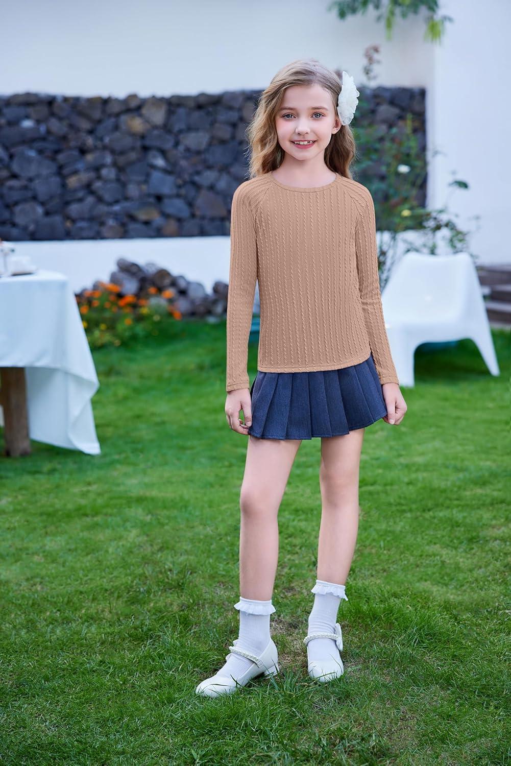 imageArshiner Girls Raglan Long Sleeves Shirts Textured Knit Tops for Girls Casual Soft Kids Loose Blouse TeeDark Khaki