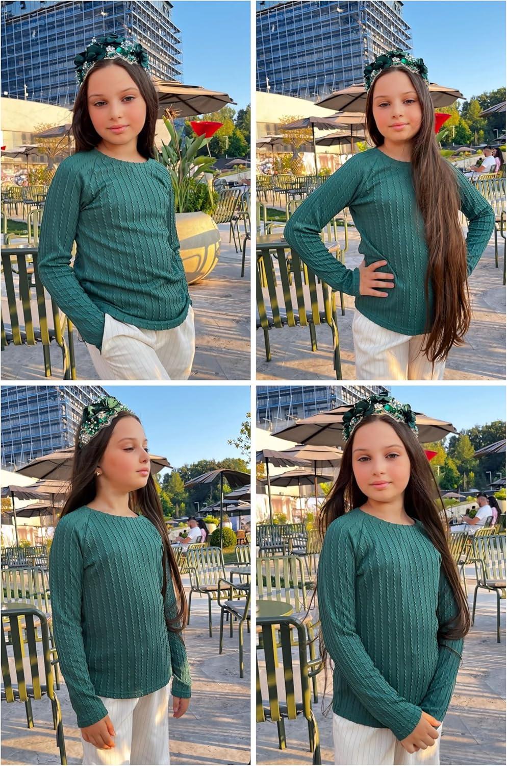 imageArshiner Girls Raglan Long Sleeves Shirts Textured Knit Tops for Girls Casual Soft Kids Loose Blouse TeeGreen