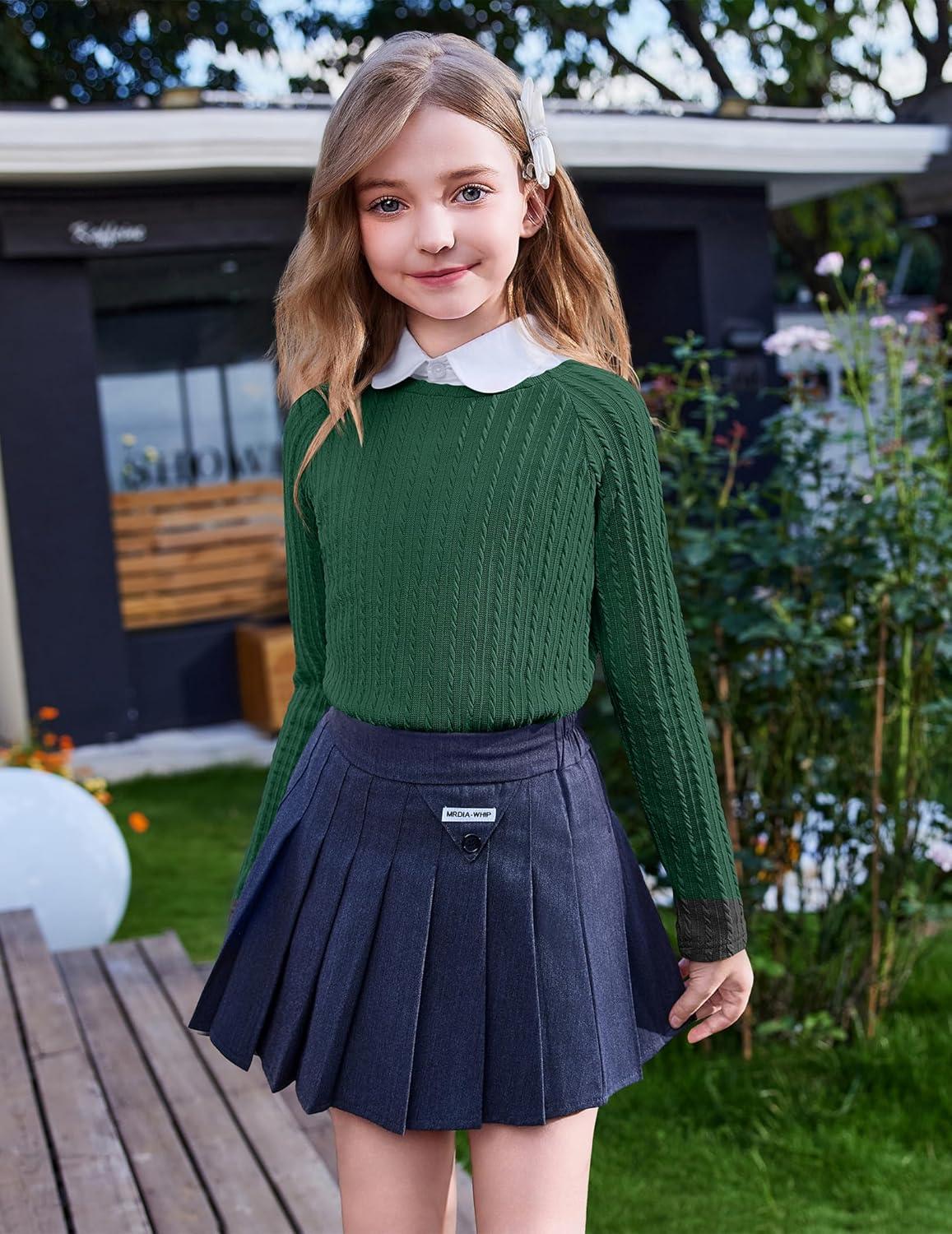 imageArshiner Girls Raglan Long Sleeves Shirts Textured Knit Tops for Girls Casual Soft Kids Loose Blouse TeeGreen