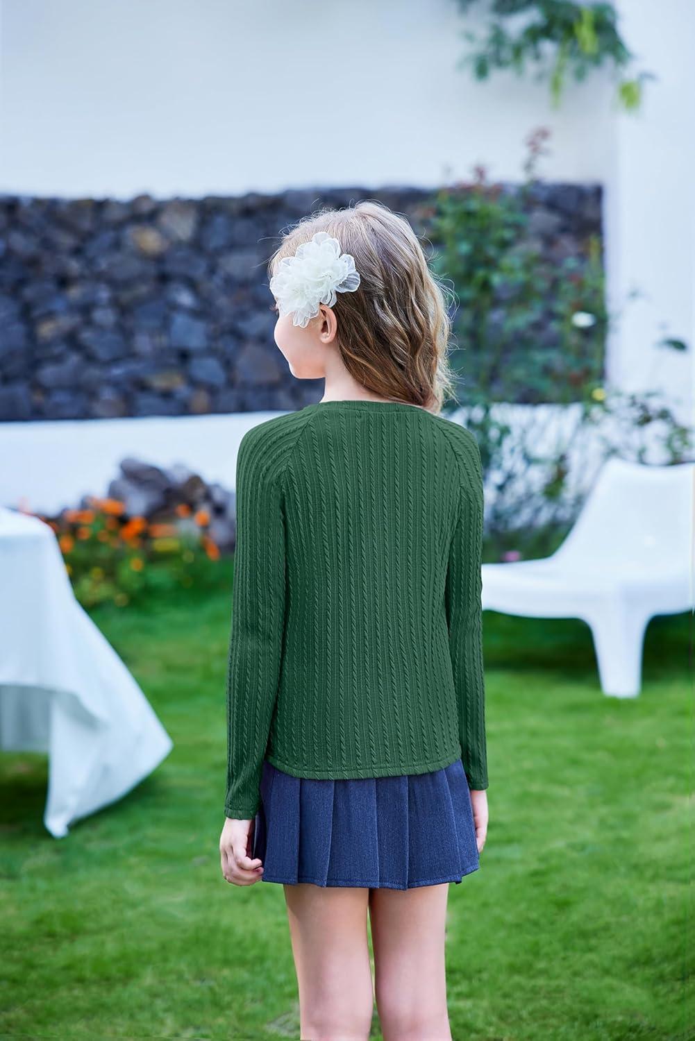 imageArshiner Girls Raglan Long Sleeves Shirts Textured Knit Tops for Girls Casual Soft Kids Loose Blouse TeeGreen