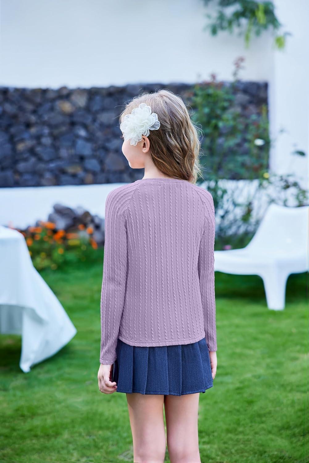 imageArshiner Girls Raglan Long Sleeves Shirts Textured Knit Tops for Girls Casual Soft Kids Loose Blouse TeeLilac