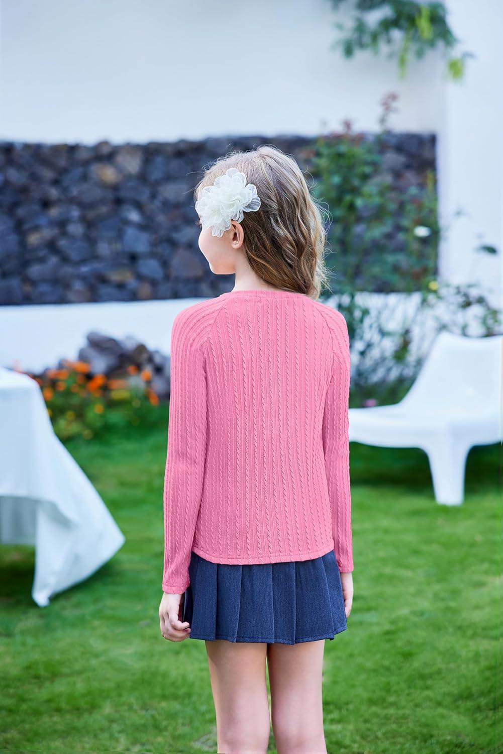 imageArshiner Girls Raglan Long Sleeves Shirts Textured Knit Tops for Girls Casual Soft Kids Loose Blouse TeePeach Pink