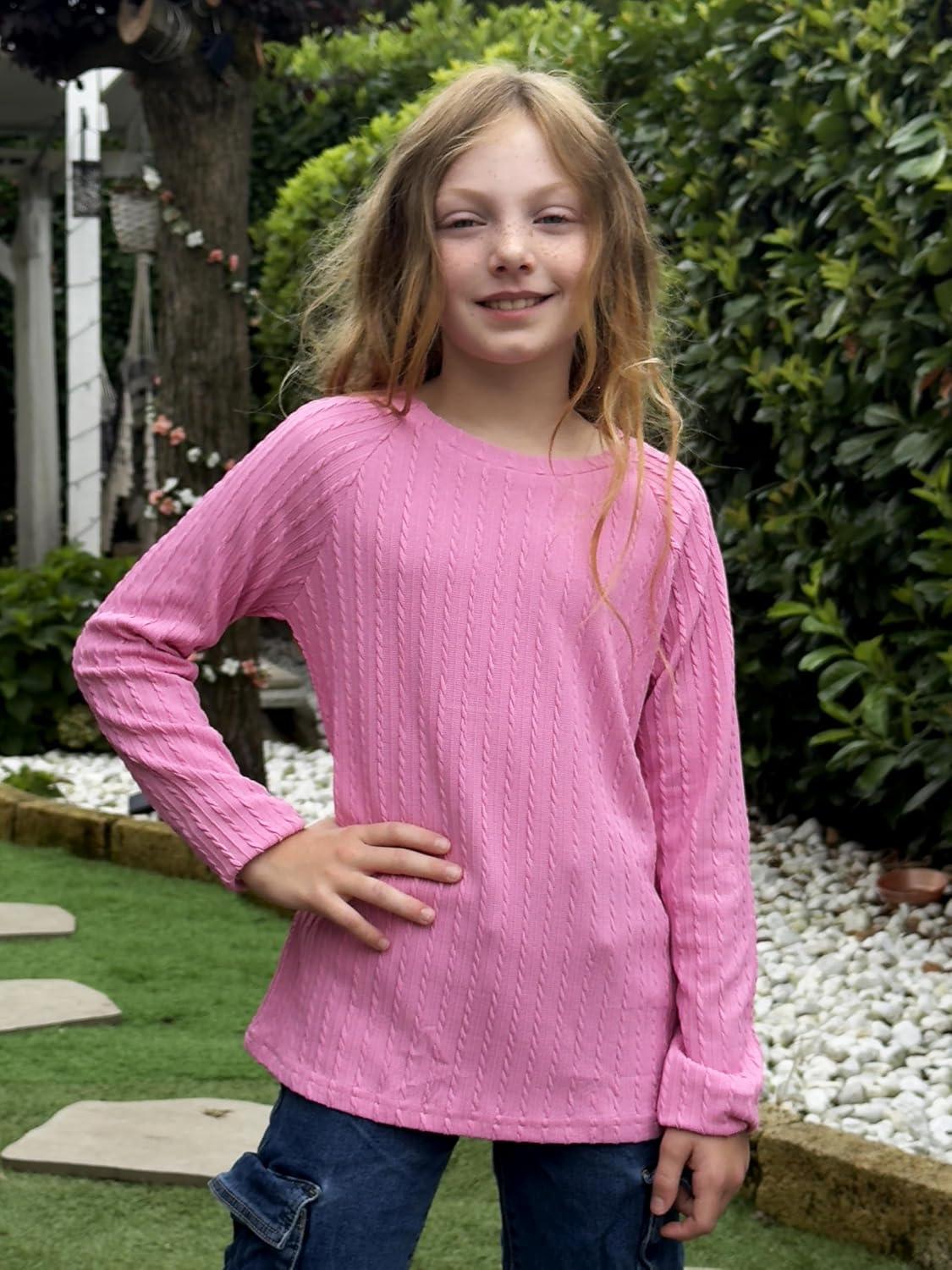imageArshiner Girls Raglan Long Sleeves Shirts Textured Knit Tops for Girls Casual Soft Kids Loose Blouse TeePeach Pink