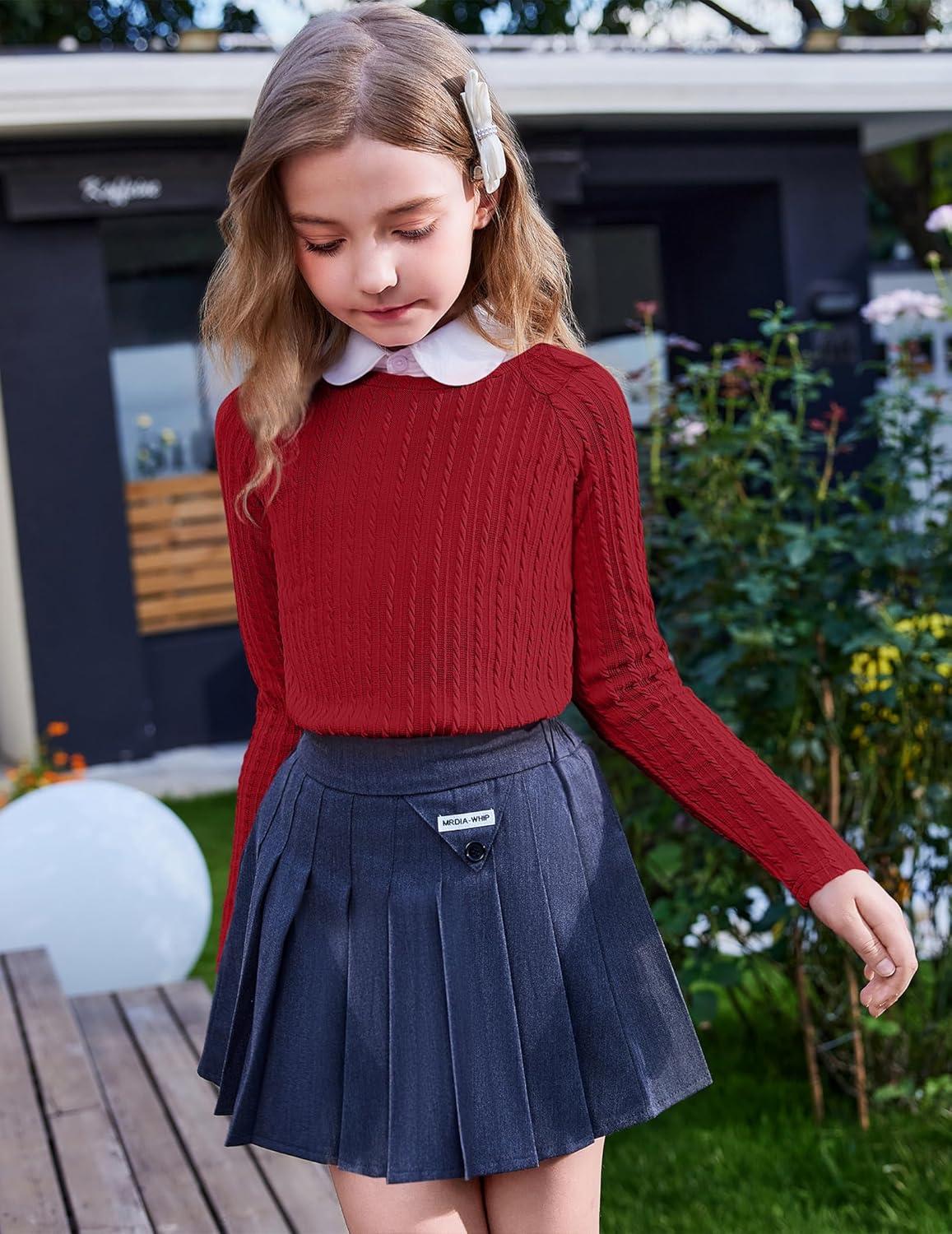 imageArshiner Girls Raglan Long Sleeves Shirts Textured Knit Tops for Girls Casual Soft Kids Loose Blouse TeeRed
