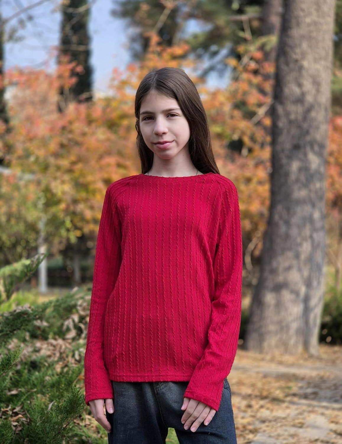 imageArshiner Girls Raglan Long Sleeves Shirts Textured Knit Tops for Girls Casual Soft Kids Loose Blouse TeeRed