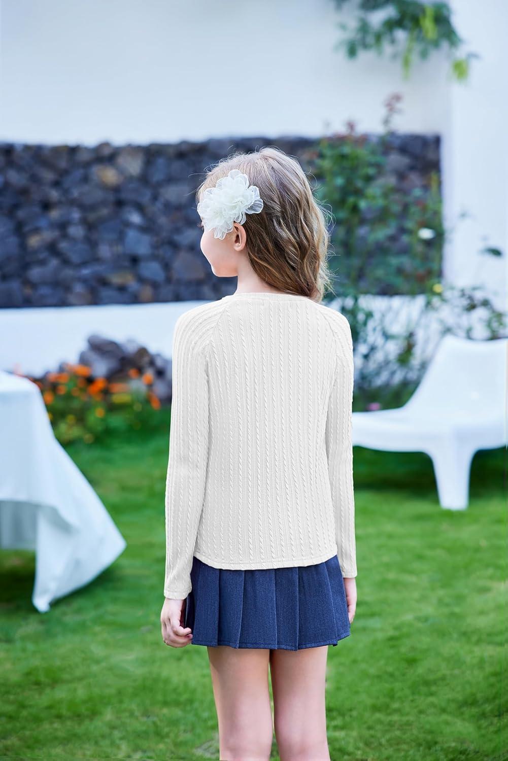 imageArshiner Girls Raglan Long Sleeves Shirts Textured Knit Tops for Girls Casual Soft Kids Loose Blouse TeeWhite