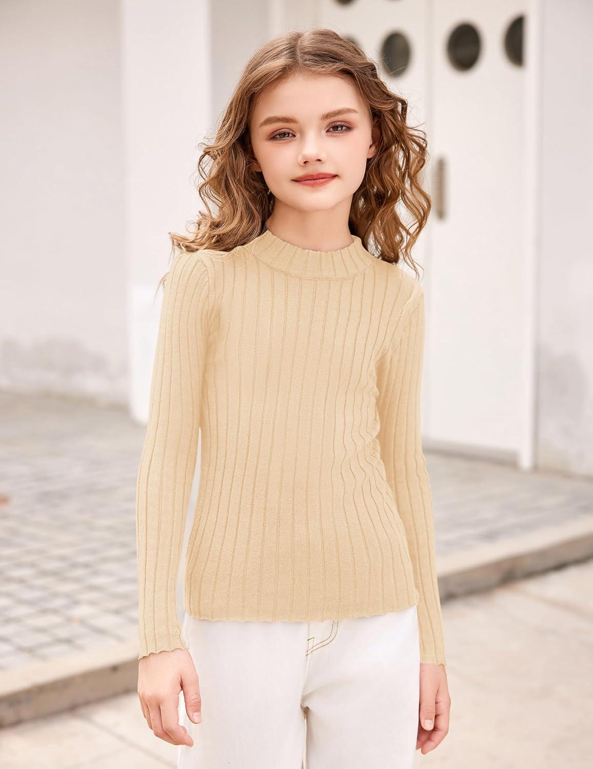 imageArshiner Girls Shirts Half Turtleneck Long Sleeve Tops Casual Knitted Slim Fit Pullover Blouse TeeApricot Color