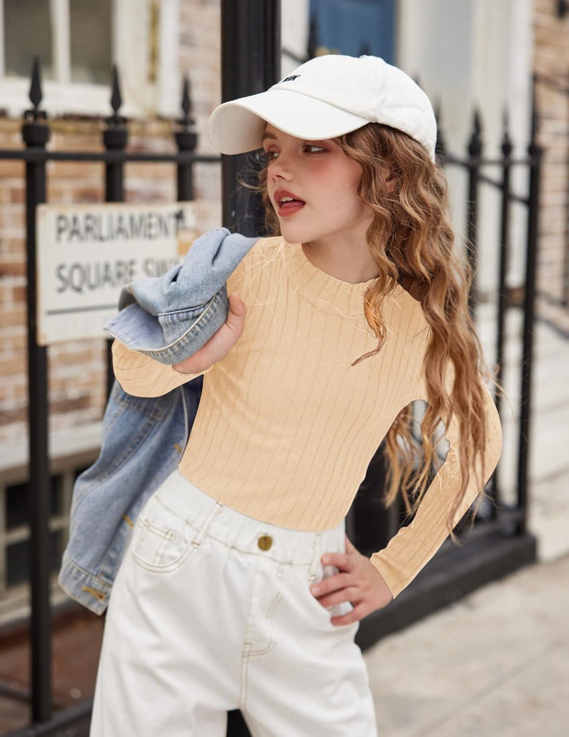 imageArshiner Girls Shirts Half Turtleneck Long Sleeve Tops Casual Knitted Slim Fit Pullover Blouse TeeApricot Color