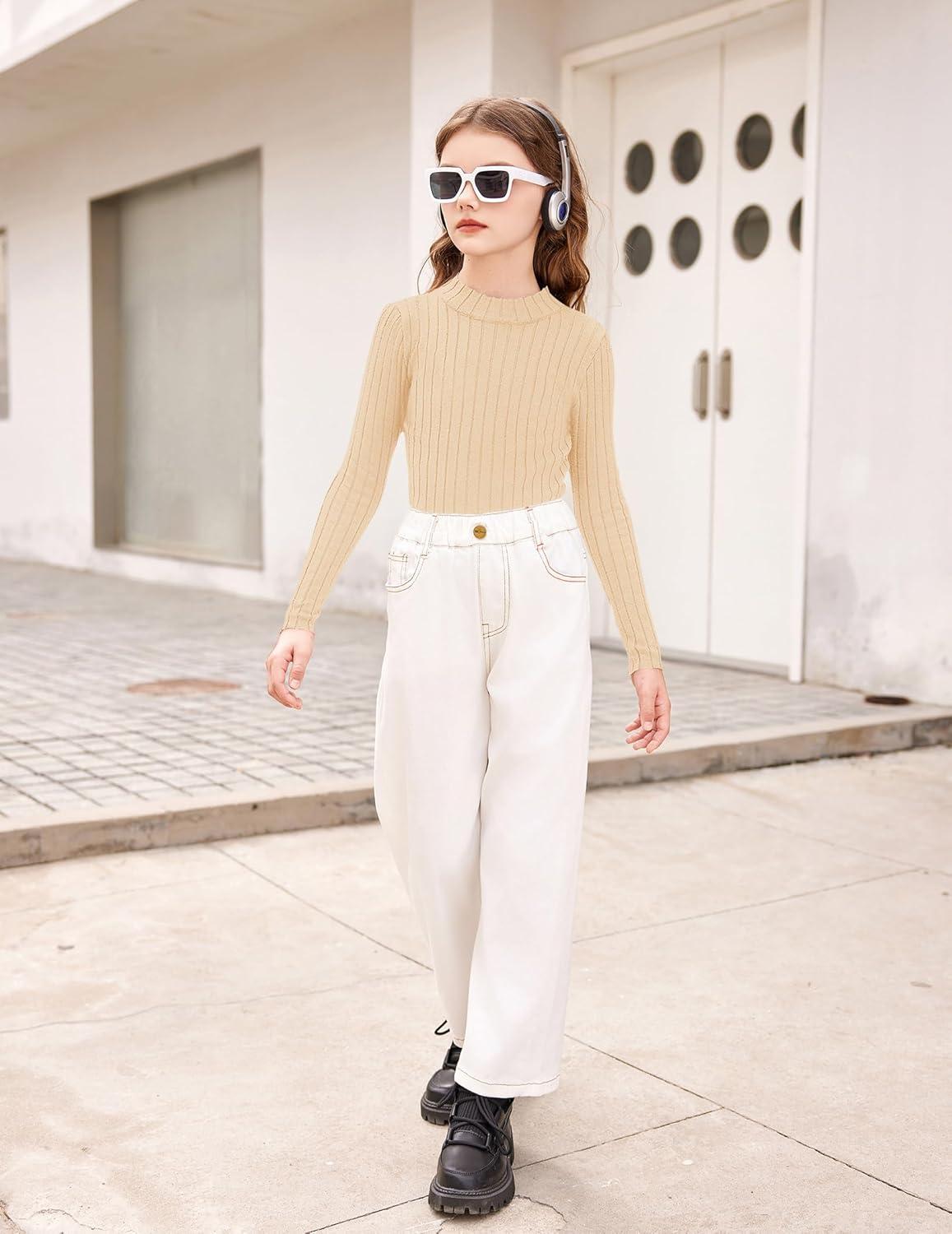 imageArshiner Girls Shirts Half Turtleneck Long Sleeve Tops Casual Knitted Slim Fit Pullover Blouse TeeApricot Color