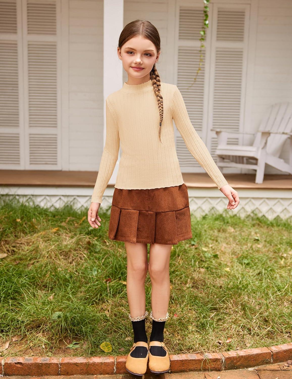 imageArshiner Girls Shirts Half Turtleneck Long Sleeve Tops Casual Knitted Slim Fit Pullover Blouse TeeApricot Color