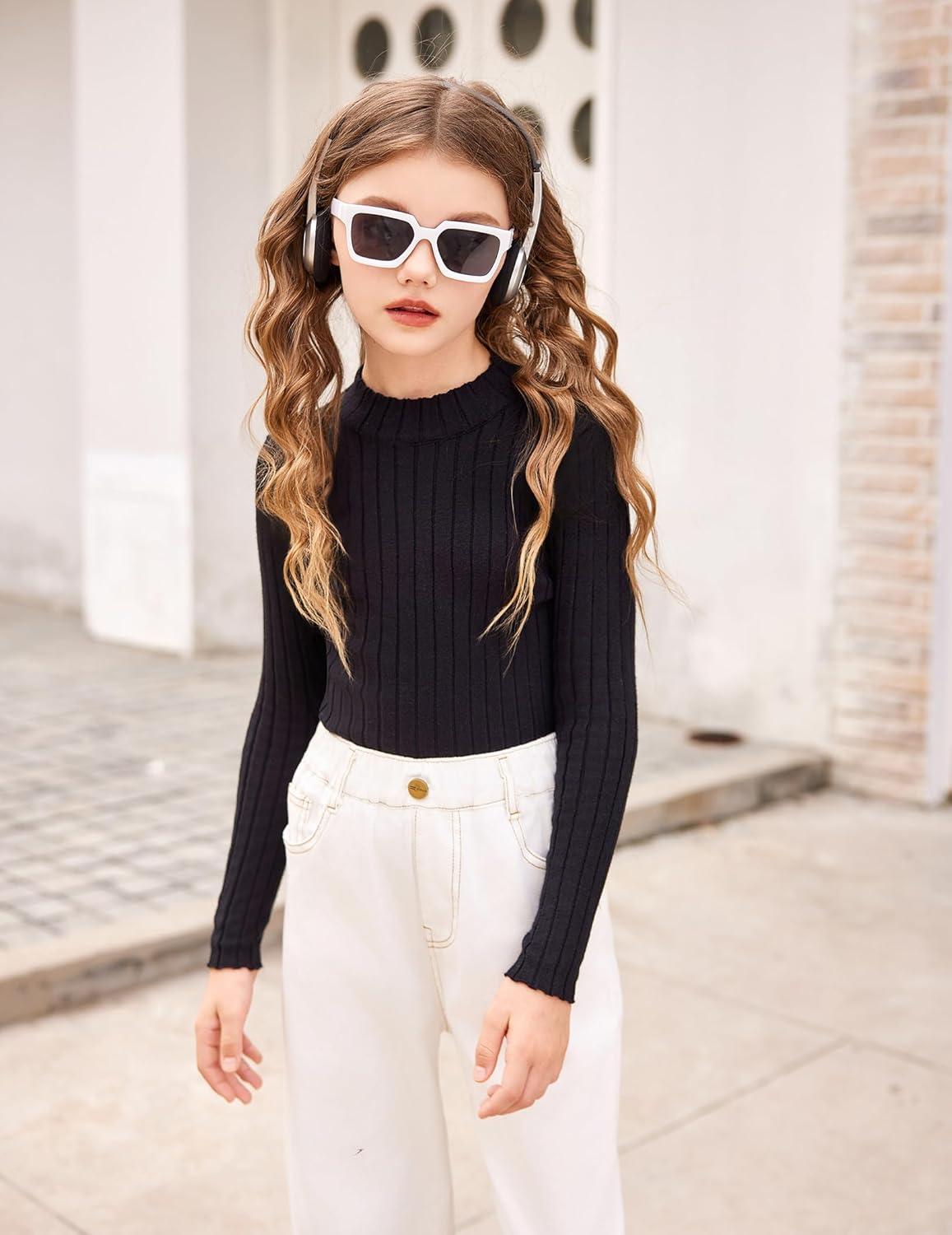 imageArshiner Girls Shirts Half Turtleneck Long Sleeve Tops Casual Knitted Slim Fit Pullover Blouse TeeBlack