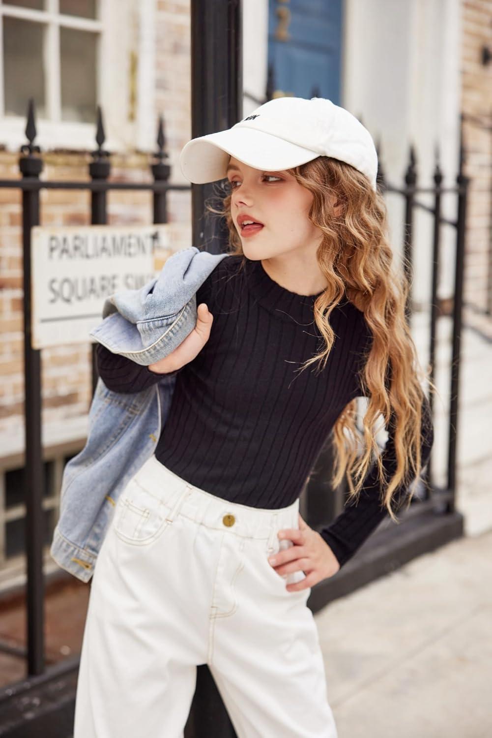 imageArshiner Girls Shirts Half Turtleneck Long Sleeve Tops Casual Knitted Slim Fit Pullover Blouse TeeBlack