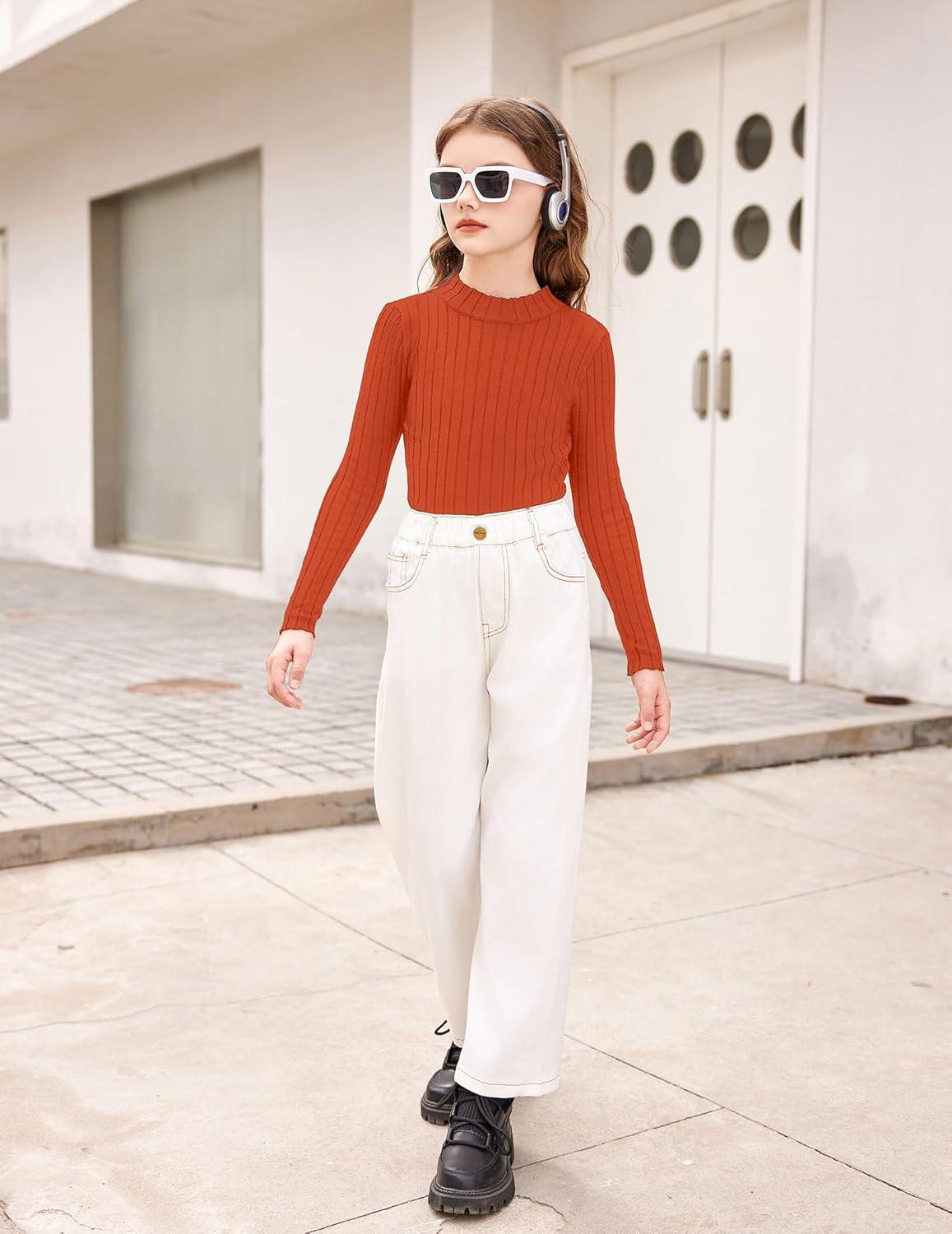 imageArshiner Girls Shirts Half Turtleneck Long Sleeve Tops Casual Knitted Slim Fit Pullover Blouse TeeCaramel