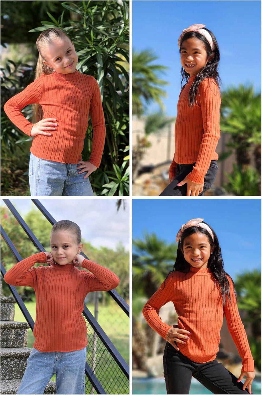 imageArshiner Girls Shirts Half Turtleneck Long Sleeve Tops Casual Knitted Slim Fit Pullover Blouse TeeCaramel