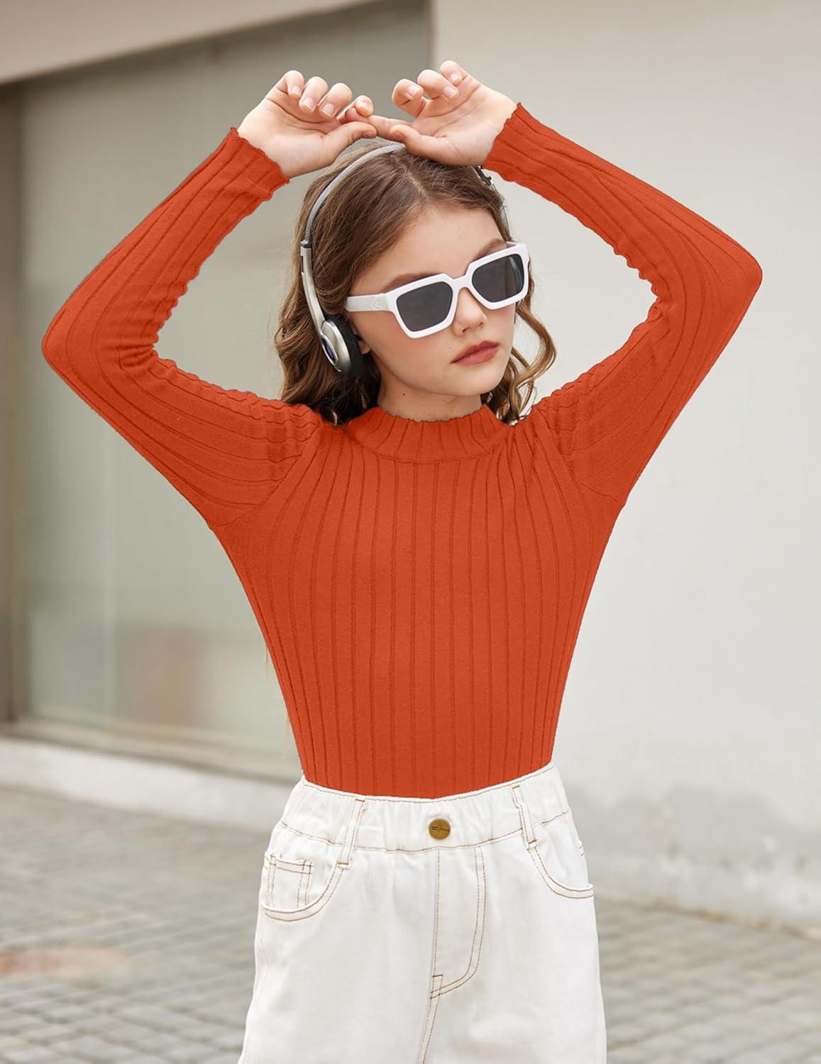 imageArshiner Girls Shirts Half Turtleneck Long Sleeve Tops Casual Knitted Slim Fit Pullover Blouse TeeCaramel