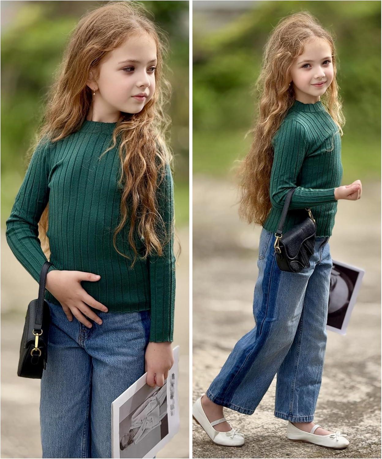imageArshiner Girls Shirts Half Turtleneck Long Sleeve Tops Casual Knitted Slim Fit Pullover Blouse TeeForest Green
