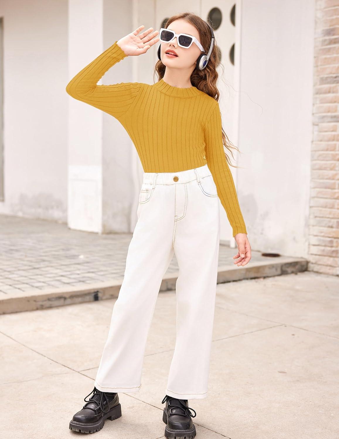 imageArshiner Girls Shirts Half Turtleneck Long Sleeve Tops Casual Knitted Slim Fit Pullover Blouse TeeGinger Color
