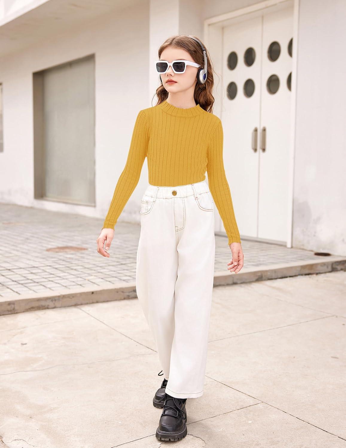 imageArshiner Girls Shirts Half Turtleneck Long Sleeve Tops Casual Knitted Slim Fit Pullover Blouse TeeGinger Color