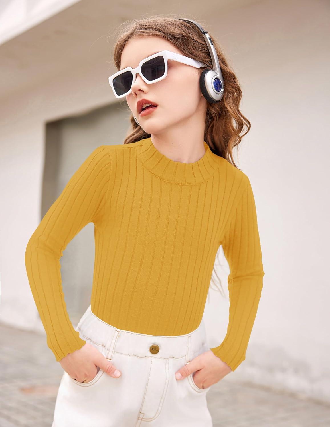 imageArshiner Girls Shirts Half Turtleneck Long Sleeve Tops Casual Knitted Slim Fit Pullover Blouse TeeGinger Color