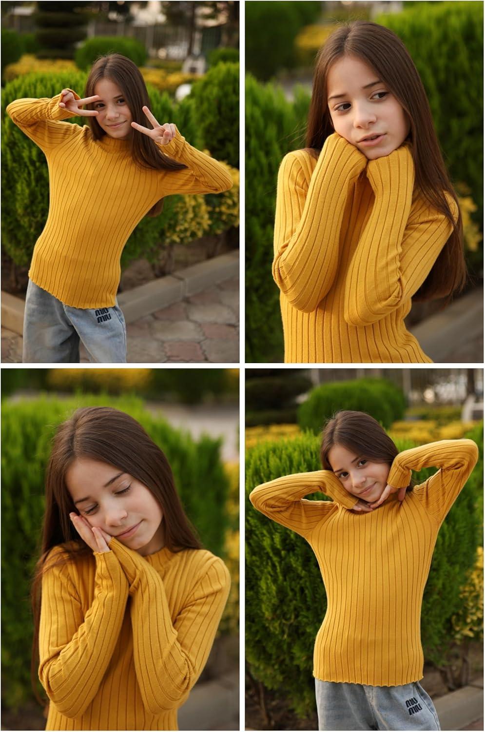 imageArshiner Girls Shirts Half Turtleneck Long Sleeve Tops Casual Knitted Slim Fit Pullover Blouse TeeGinger Color