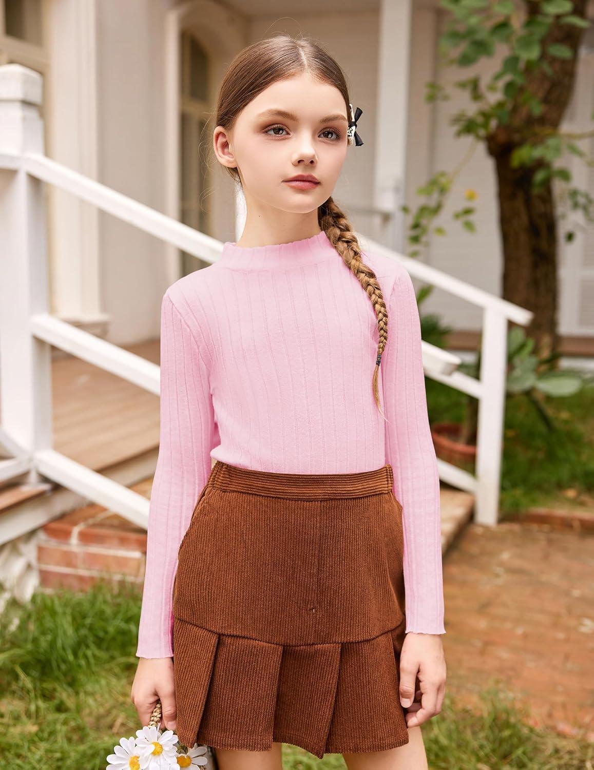 imageArshiner Girls Shirts Half Turtleneck Long Sleeve Tops Casual Knitted Slim Fit Pullover Blouse TeePink