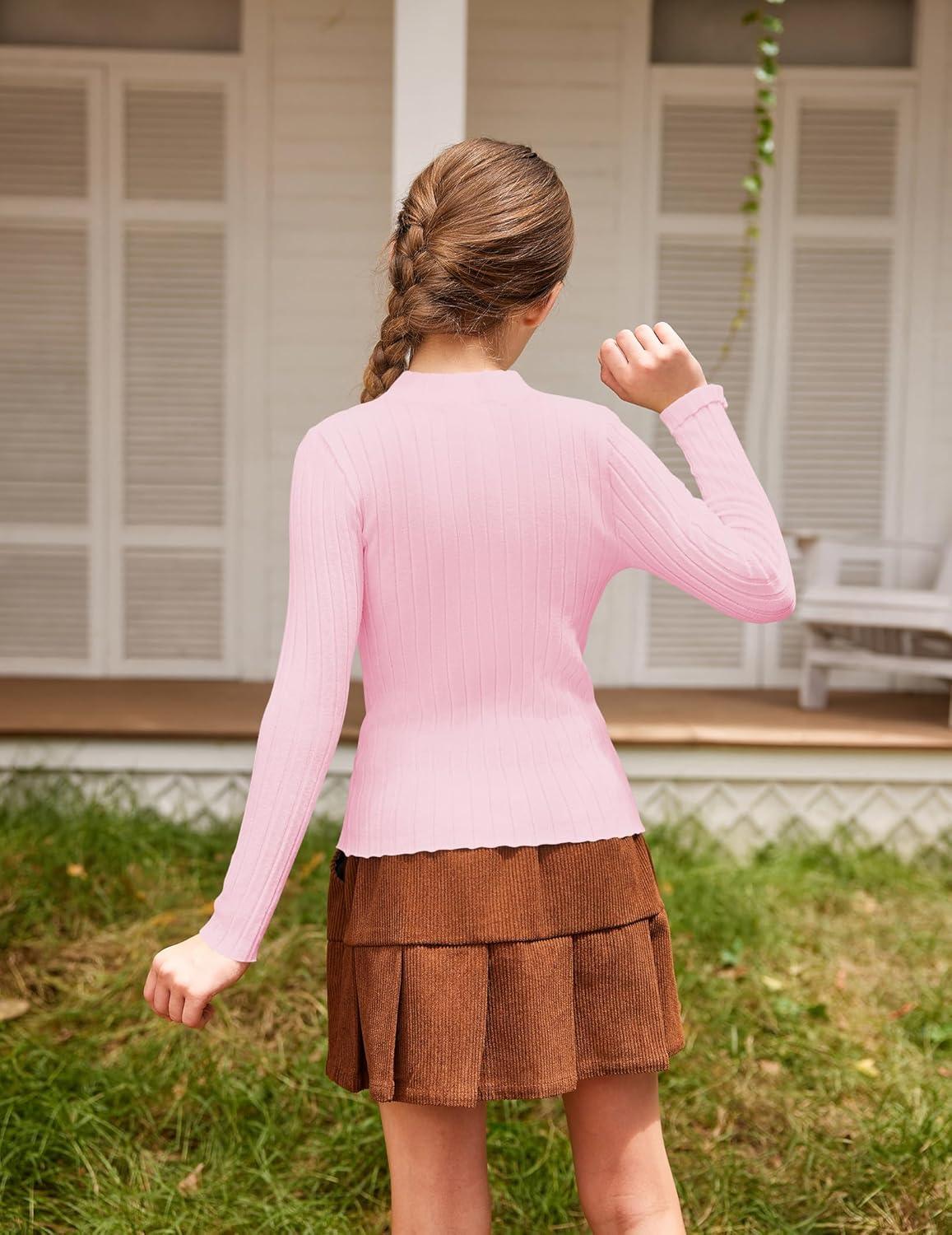 imageArshiner Girls Shirts Half Turtleneck Long Sleeve Tops Casual Knitted Slim Fit Pullover Blouse TeePink