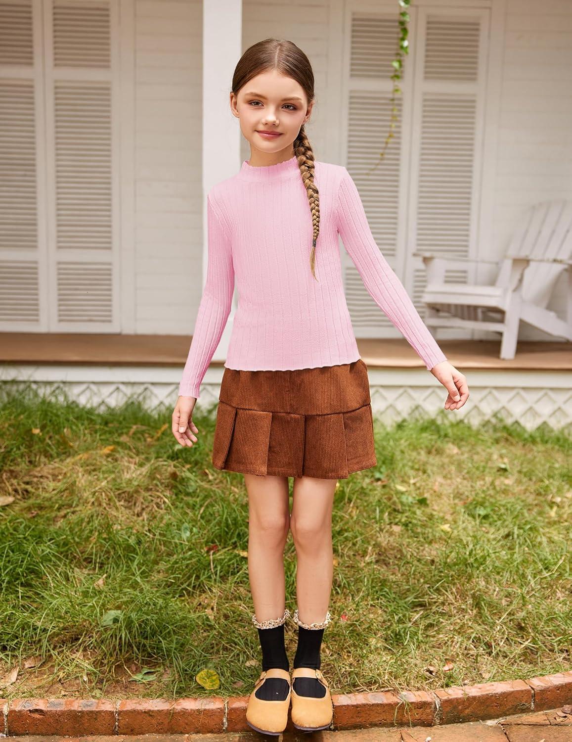 imageArshiner Girls Shirts Half Turtleneck Long Sleeve Tops Casual Knitted Slim Fit Pullover Blouse TeePink
