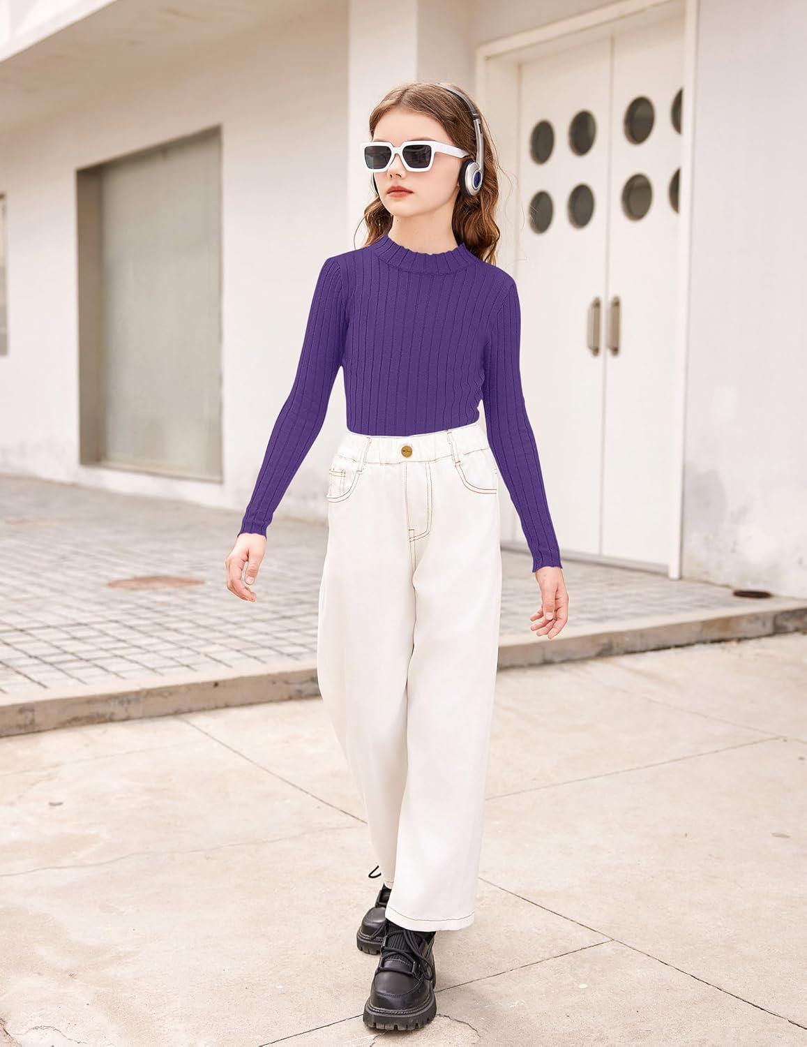 imageArshiner Girls Shirts Half Turtleneck Long Sleeve Tops Casual Knitted Slim Fit Pullover Blouse TeePurple