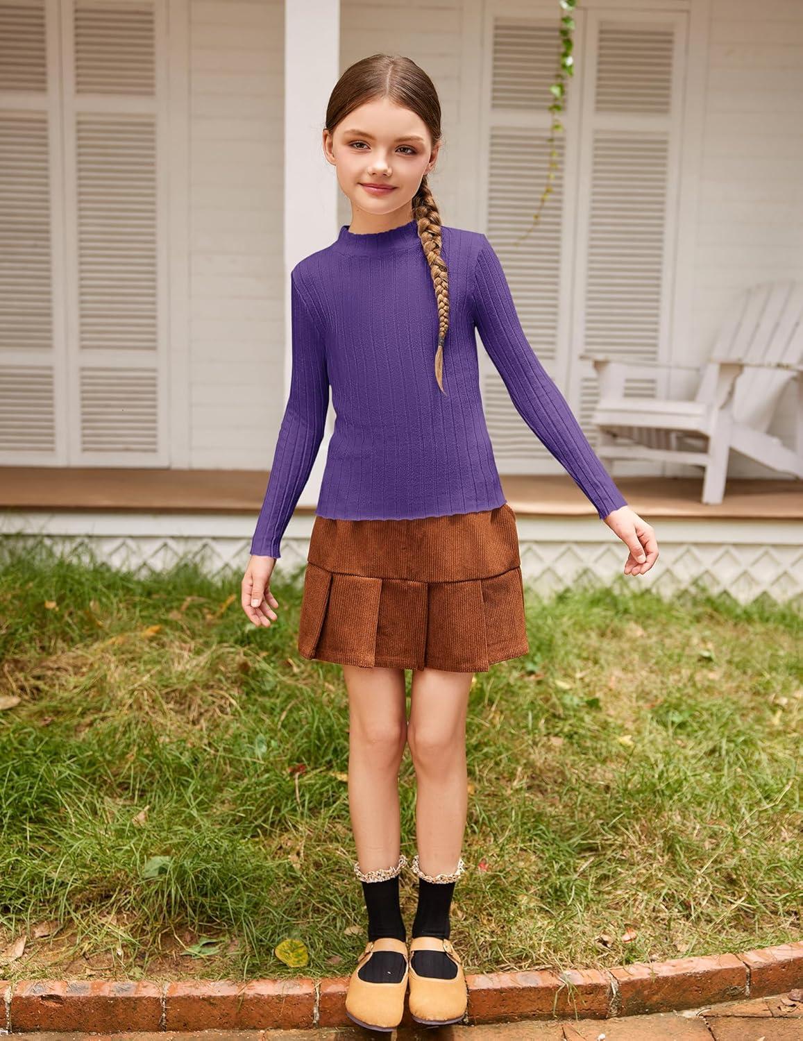 imageArshiner Girls Shirts Half Turtleneck Long Sleeve Tops Casual Knitted Slim Fit Pullover Blouse TeePurple