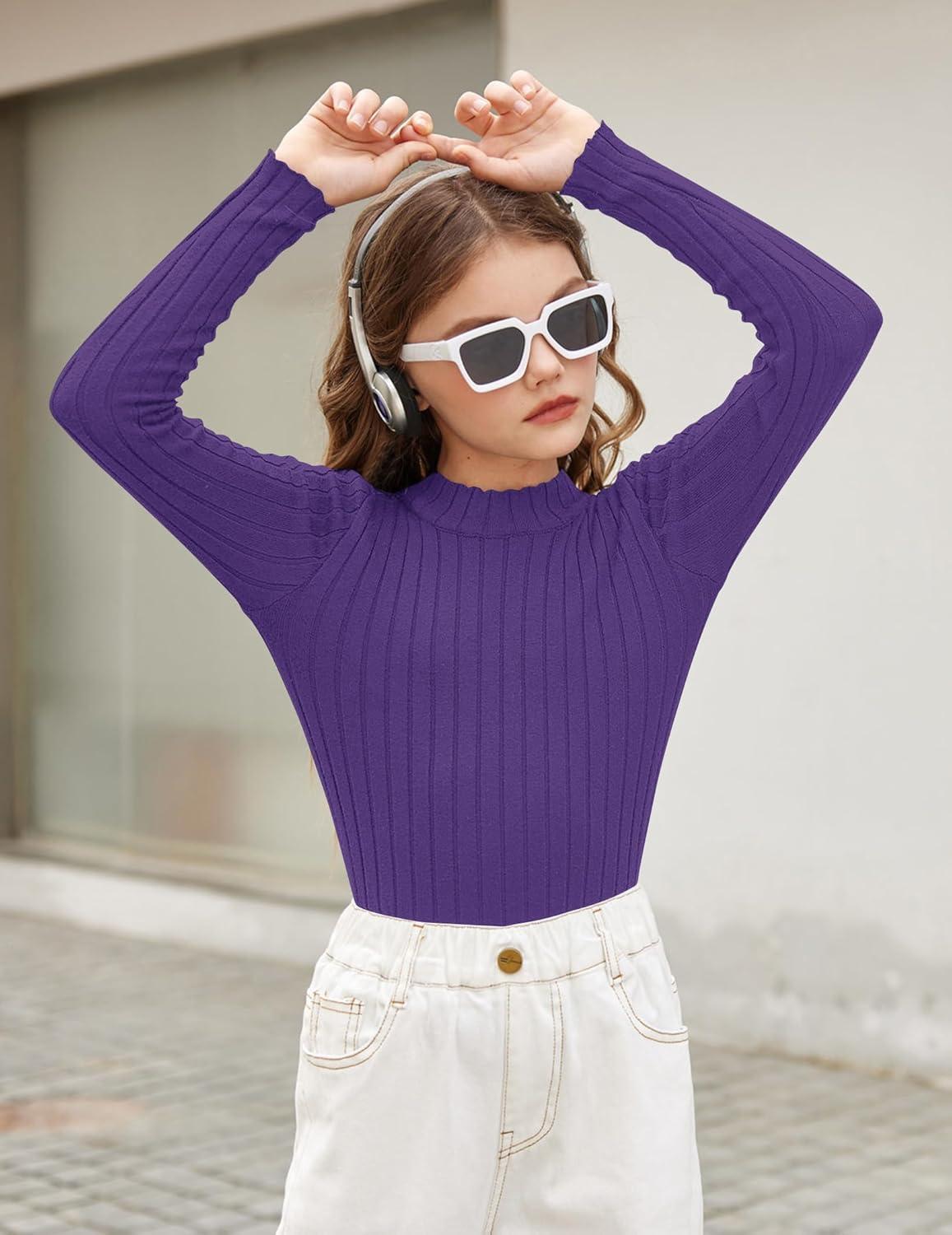 imageArshiner Girls Shirts Half Turtleneck Long Sleeve Tops Casual Knitted Slim Fit Pullover Blouse TeePurple