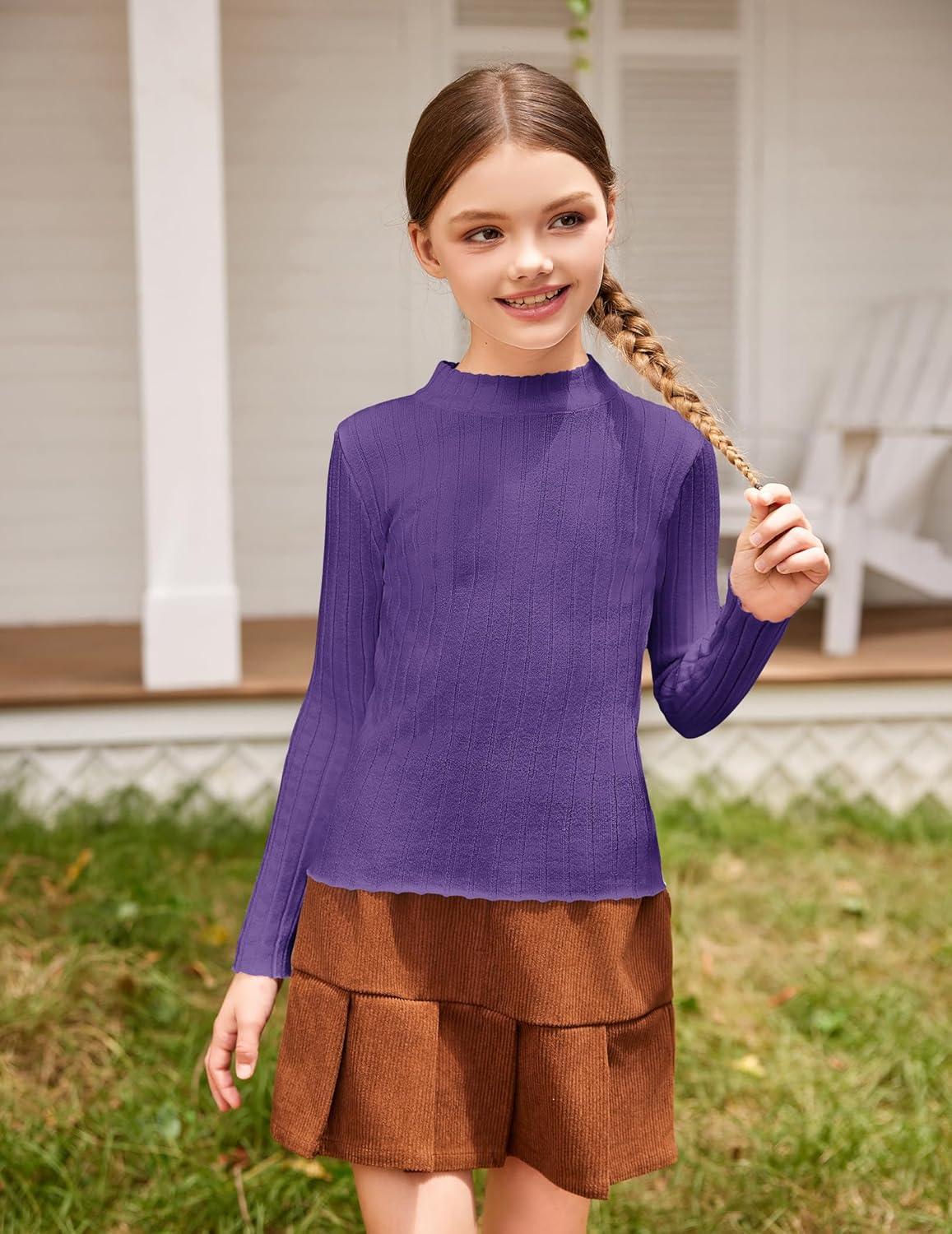 imageArshiner Girls Shirts Half Turtleneck Long Sleeve Tops Casual Knitted Slim Fit Pullover Blouse TeePurple