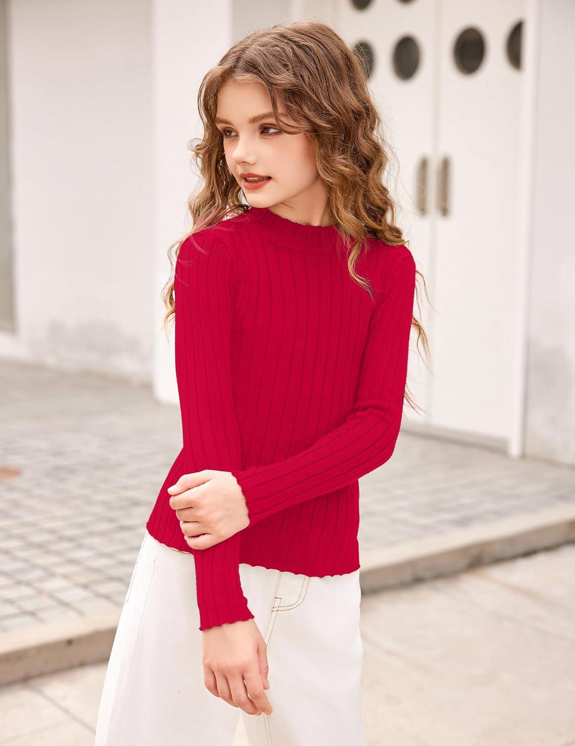 imageArshiner Girls Shirts Half Turtleneck Long Sleeve Tops Casual Knitted Slim Fit Pullover Blouse TeeRed