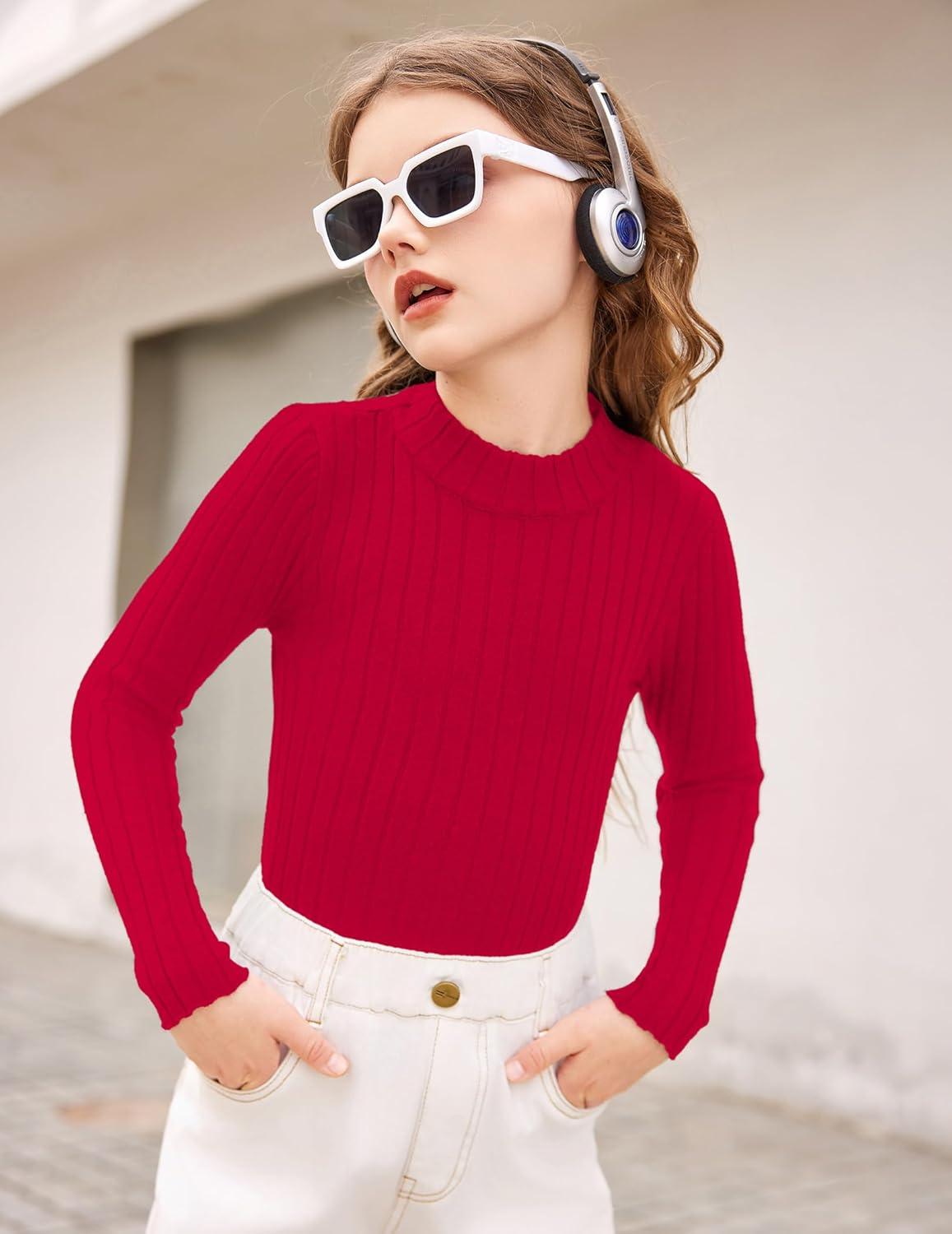 imageArshiner Girls Shirts Half Turtleneck Long Sleeve Tops Casual Knitted Slim Fit Pullover Blouse TeeRed