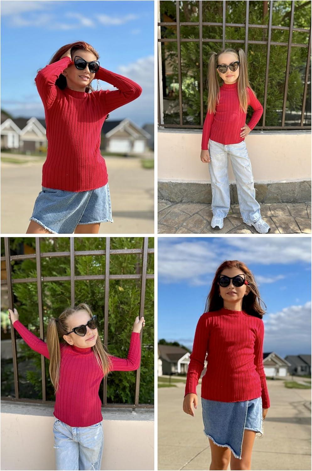 imageArshiner Girls Shirts Half Turtleneck Long Sleeve Tops Casual Knitted Slim Fit Pullover Blouse TeeRed