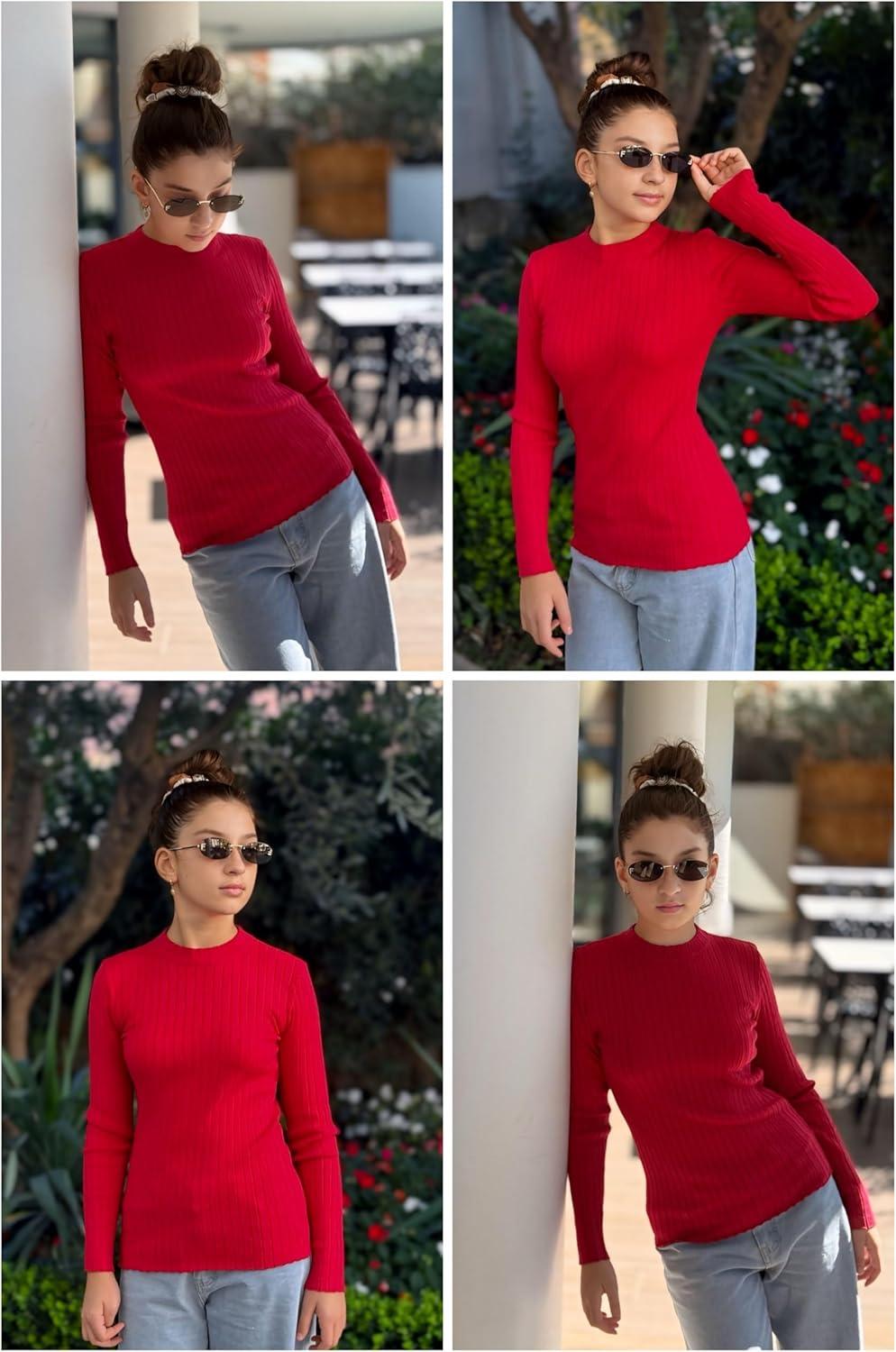 imageArshiner Girls Shirts Half Turtleneck Long Sleeve Tops Casual Knitted Slim Fit Pullover Blouse TeeRed