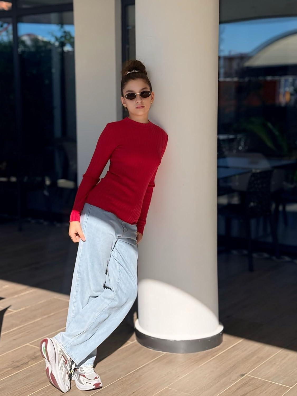 imageArshiner Girls Shirts Half Turtleneck Long Sleeve Tops Casual Knitted Slim Fit Pullover Blouse TeeRed