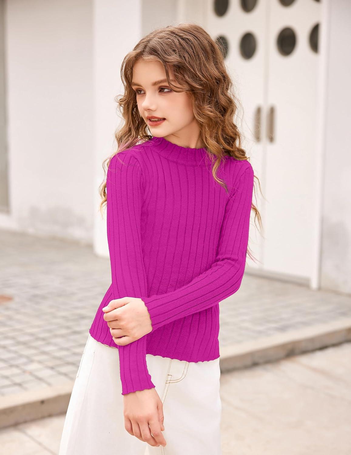 imageArshiner Girls Shirts Half Turtleneck Long Sleeve Tops Casual Knitted Slim Fit Pullover Blouse TeeRose Red