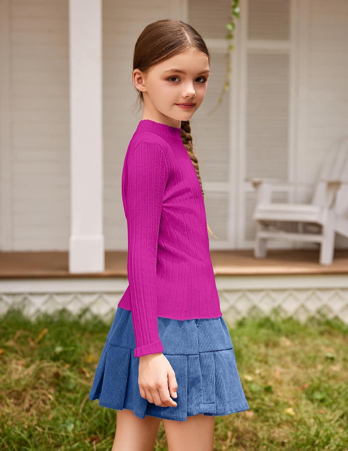 imageArshiner Girls Shirts Half Turtleneck Long Sleeve Tops Casual Knitted Slim Fit Pullover Blouse TeeRose Red