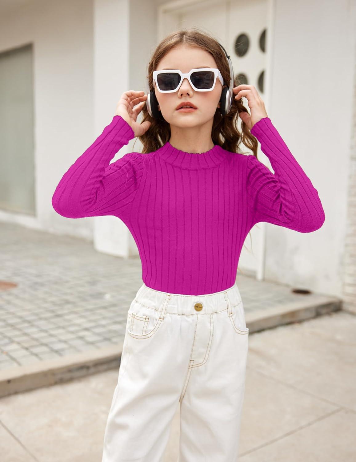 imageArshiner Girls Shirts Half Turtleneck Long Sleeve Tops Casual Knitted Slim Fit Pullover Blouse TeeRose Red