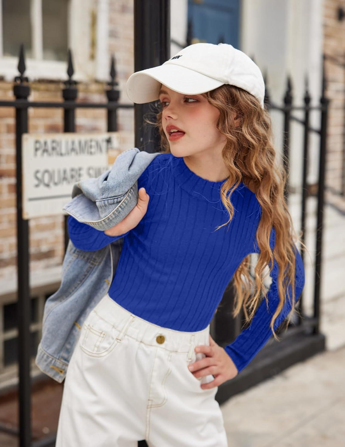imageArshiner Girls Shirts Half Turtleneck Long Sleeve Tops Casual Knitted Slim Fit Pullover Blouse TeeSapphire Blue